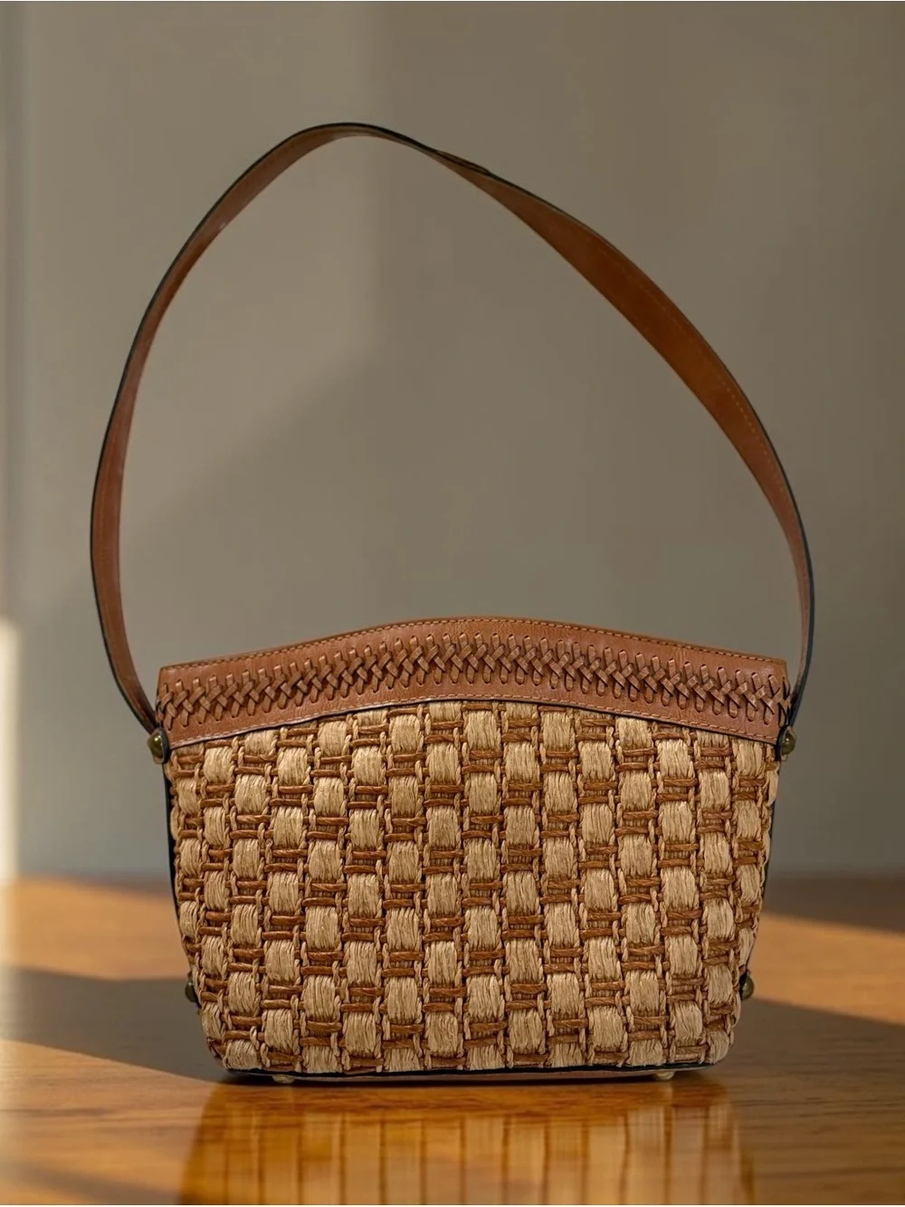 Vintage Fossil Woven Raffia & Leather Shoulder Bag - Brown